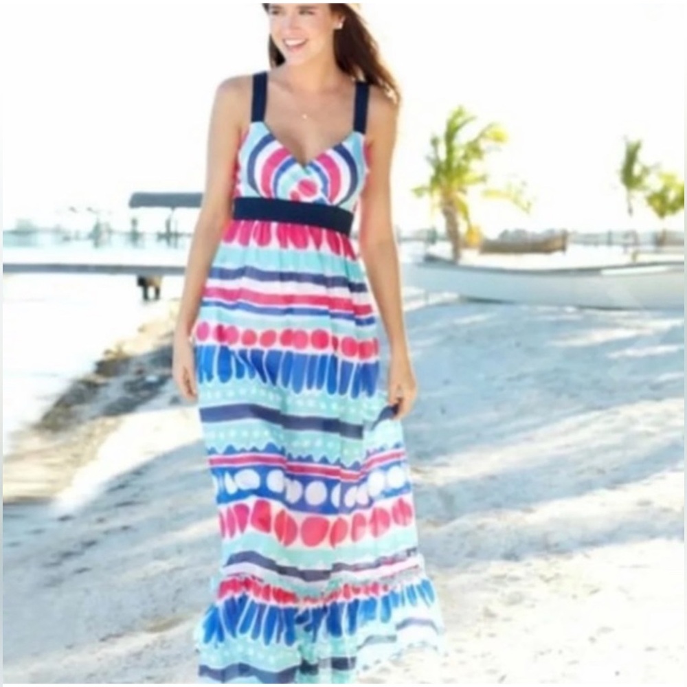 Vineyard Vines Caroline Stripe Ocean Splash Maxi Dress Cotton Silk Lined Size 10